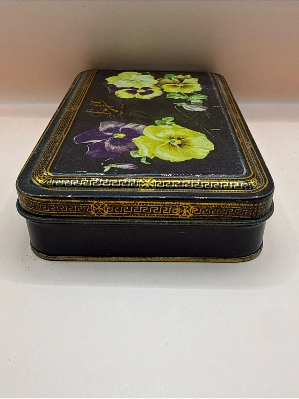 Antique Advertisement Tin Chocolate Candy Box Pansy Flowers LOFT NY Flip Top Lid